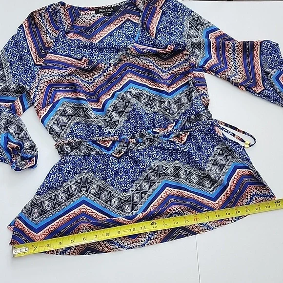 New Look Boho V Neck Long Sleeve Top Blue Red Grey Print Lightweight Size  M - Picture 11 of 11